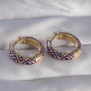 Pirinç Gold Renk Mor Etnik Desenli Halka Küpe - Görsel 2