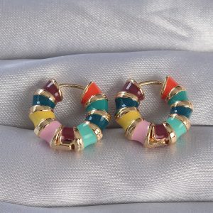 Pirinç Gold Renk Mineli Çok Renkli Kabartmalı Halka Küpe - Görsel 1