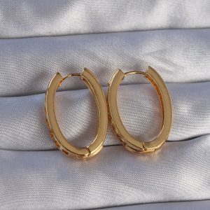 Pirinç Gold Renk Zirkon Taşlı Oval Model Küpe - Görsel 2