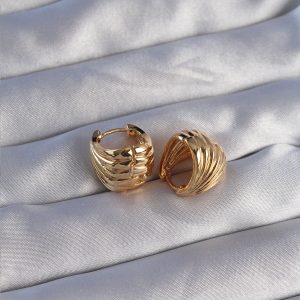 Pirinç Gold Renk Tırtıklı Minimal Bombeli Tasarım Küpe - Görsel 2
