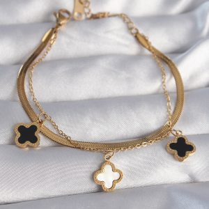 316L Çelik Gold Renk Mineli Yonca Model Çift İtalyan Zincirli Bileklik - Görsel 1