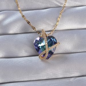 316L Çelik Zincirli Gold Renk Zirkon Taşlı Anna Kalp Kolye - Görsel 1