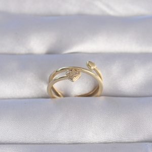 Pirinç Gold Renk Zirkon Taşlı Kalpli Model Ayarlanabilir Yüzük - Görsel 1