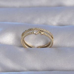 Pirinç Gold Renk Zirkon Taşlı Kalpli Su Yolu Model Ayarlanabilir Yüzük - Görsel 1
