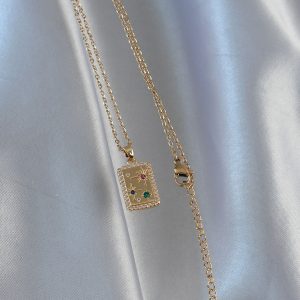 316L Çelik Zincir Gold Renk Renkli Zirkon Taşlı Vintage Kolye - Görsel 3