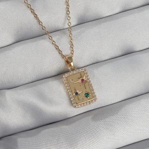 316L Çelik Zincir Gold Renk Renkli Zirkon Taşlı Vintage Kolye - Görsel 1