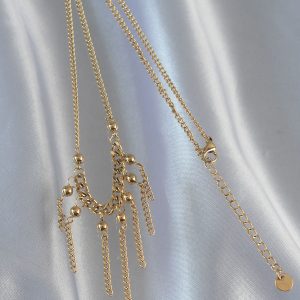316L Çelik Zincir Gold Renk Topçuk Detay Sallantılı Zincir Kolye - Görsel 3