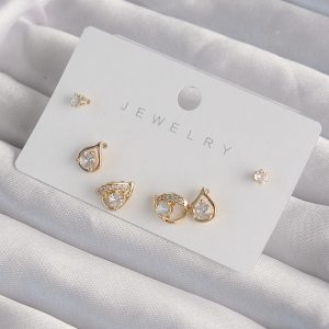Pirinç Gold Renk Zirkon Taşlı Damla Model Küpe Seti - Görsel 1