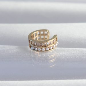 Pirinç Gold Renk İncili Baget Taşlı Earcuff Küpe - Görsel 1