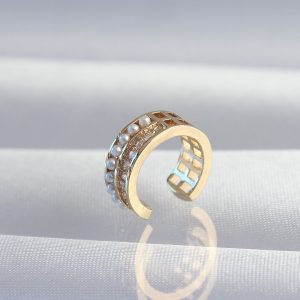 Pirinç Gold Renk İncili Baget Taşlı Earcuff Küpe - Görsel 2
