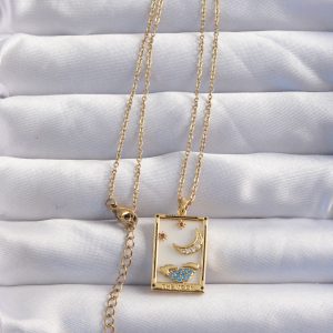 316L Çelik Zincir Gold Renk Ay Detay Mavi Zirkon Taşlı Tarot Kolye - Görsel 2