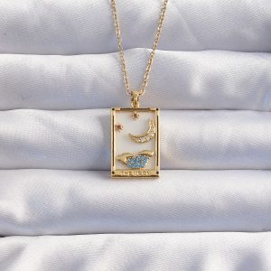 316L Çelik Zincir Gold Renk Ay Detay Mavi Zirkon Taşlı Tarot Kolye - Görsel 1