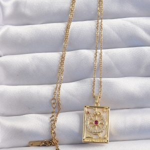 316L Çelik Zincir Gold Renk Pembe Zirkon Taşlı Tarot Kolye - Görsel 2