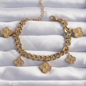 316L Çelik Gold Renk Zirkon Taşlı Yonca Model Bileklik - Görsel 1
