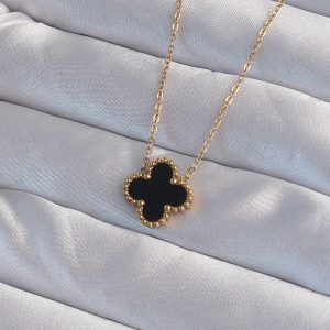 316L Çelik Gold Renk Siyah Mineli Yonca Kolye - Görsel 1