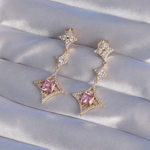 XUPİNG Gold Renk Pembe Zirkon Taşlı Yıldız Model Küpe - Görsel 2