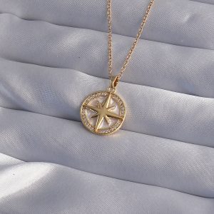316L Çelik Zincir Gold Renk Zirkon Taşlı Kutup Yıldızı Kolye - Görsel 1