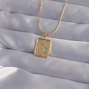 316L Çelik Zincir Gold Renk Zirkon Taşlı Ay Yıldız Figürlü Tarot Kolye - Görsel 1