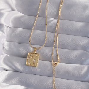 316L Çelik Zincir Gold Renk Zirkon Taşlı Ay Yıldız Figürlü Tarot Kolye - Görsel 2