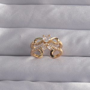 Pirinç Ayarlamalı Gold Renk Zirkon Taşlı 2li Görünüm Fiyonk Yüzük - Görsel 1