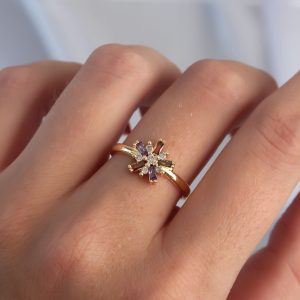 Pirinç Gold Renk Renkli Zirkon Taşlı Ayarlamalı Yüzük - Görsel 2