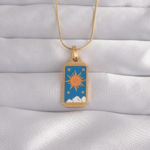 316L Çelik Gold Renk Mavi Mineli Güneş Model Tarot Kolye - Görsel 1
