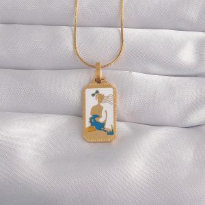 316L Çelik Gold Renk Beyaz Mineli Kız Figür Tarot Kolye - Görsel 1
