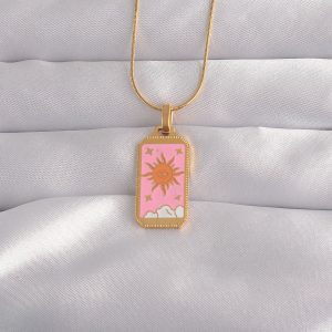 316L Çelik Gold Renk Pembe Mineli Güneş Model Tarot Kolye - Görsel 1