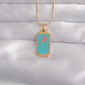 316L Çelik Gold Renk Mavi Mineli Tarot Kolye - Görsel 1