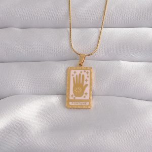 316L Çelik Gold Renk Pembe Mineli El Figür Tarot Kolye - Görsel 1