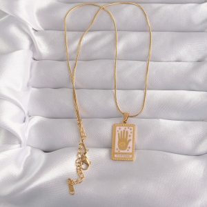 316L Çelik Gold Renk Pembe Mineli El Figür Tarot Kolye - Görsel 2