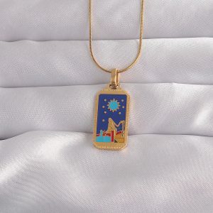 316L Çelik Gold Renk Mavi Mineli Kız Figür Tarot Kolye - Görsel 1