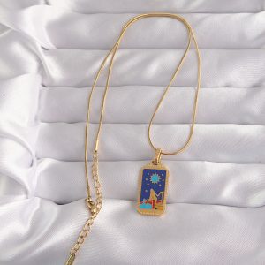 316L Çelik Gold Renk Mavi Mineli Kız Figür Tarot Kolye - Görsel 2