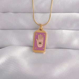 316L Çelik Gold Renk Mor Mineli El Figür Tarot Kolye - Görsel 1