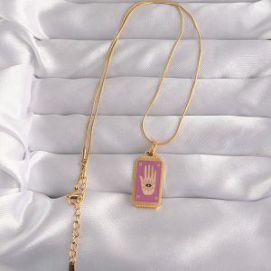 316L Çelik Gold Renk Mor Mineli El Figür Tarot Kolye - Görsel 2