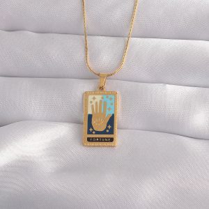 316L Çelik Gold Renk Karışık Mineli El Figür Tarot Kolye - Görsel 1