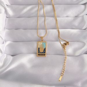 316L Çelik Gold Renk Karışık Mineli El Figür Tarot Kolye - Görsel 2