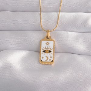 316L Çelik Gold Renk Beyaz Mineli Göz Figür Tarot Kolye - Görsel 1