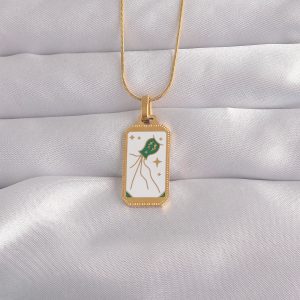 316L Çelik Gold Renk Beyaz Mineli Tarot Kolye - Görsel 1