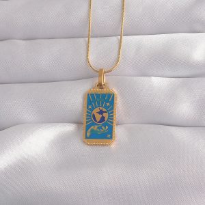 316L Çelik Gold Renk Mavi Mineli El Figür Tarot Kolye - Görsel 1