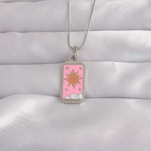 316L Çelik Gümüş Renk Pembe Mineli Güneş Model Tarot Kolye - Görsel 1