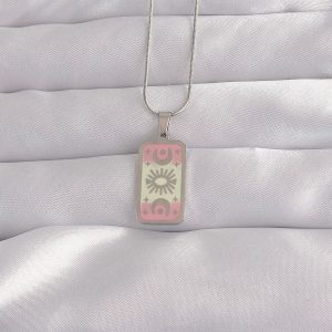 316L Çelik Gümüş Renk Pembe Mineli Ay Figür Tarot Kolye - Görsel 1