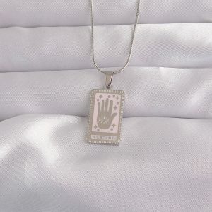 316L Çelik Gümüş Renk Pembe Mineli El Figür Tarot Kolye - Görsel 1