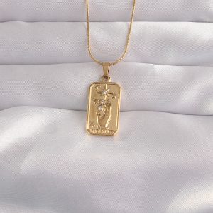 316L Çelik Gold Renk Zirkon Taşlı El Figür Vintage Kolye - Görsel 1