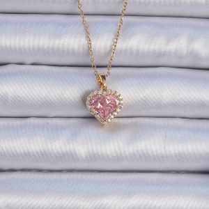 316L Çelik Zincir Altın Renk Pembe Zirkon Taşlı Kalp Kolye - Görsel 1