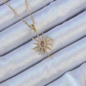 316L Çelik Zincir Altın Renk Pembe Zirkon Taşlı Kutup Yıldızı Kolye - Görsel 1