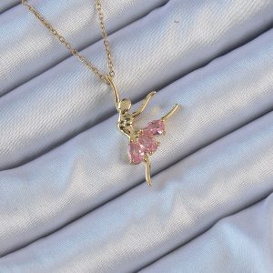 316L Çelik Zincir Altın Renk Pembe Zirkon Taşlı Balerin Kolye - Görsel 1