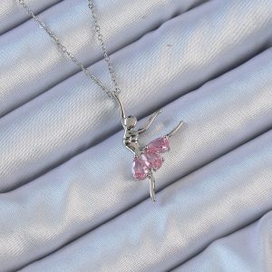 316L Çelik Zincir Gümüş Renk Pembe Zirkon Taşlı Balerin Kolye - Görsel 1
