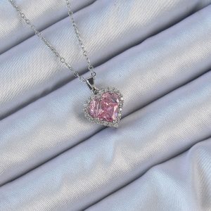 316L Çelik Zincir Gümüş Renk Pembe Zirkon Taşlı Kalp Kolye - Görsel 1