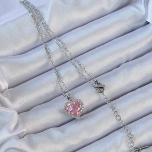 316L Çelik Zincir Gümüş Renk Pembe Zirkon Taşlı Kalp Kolye - Görsel 2